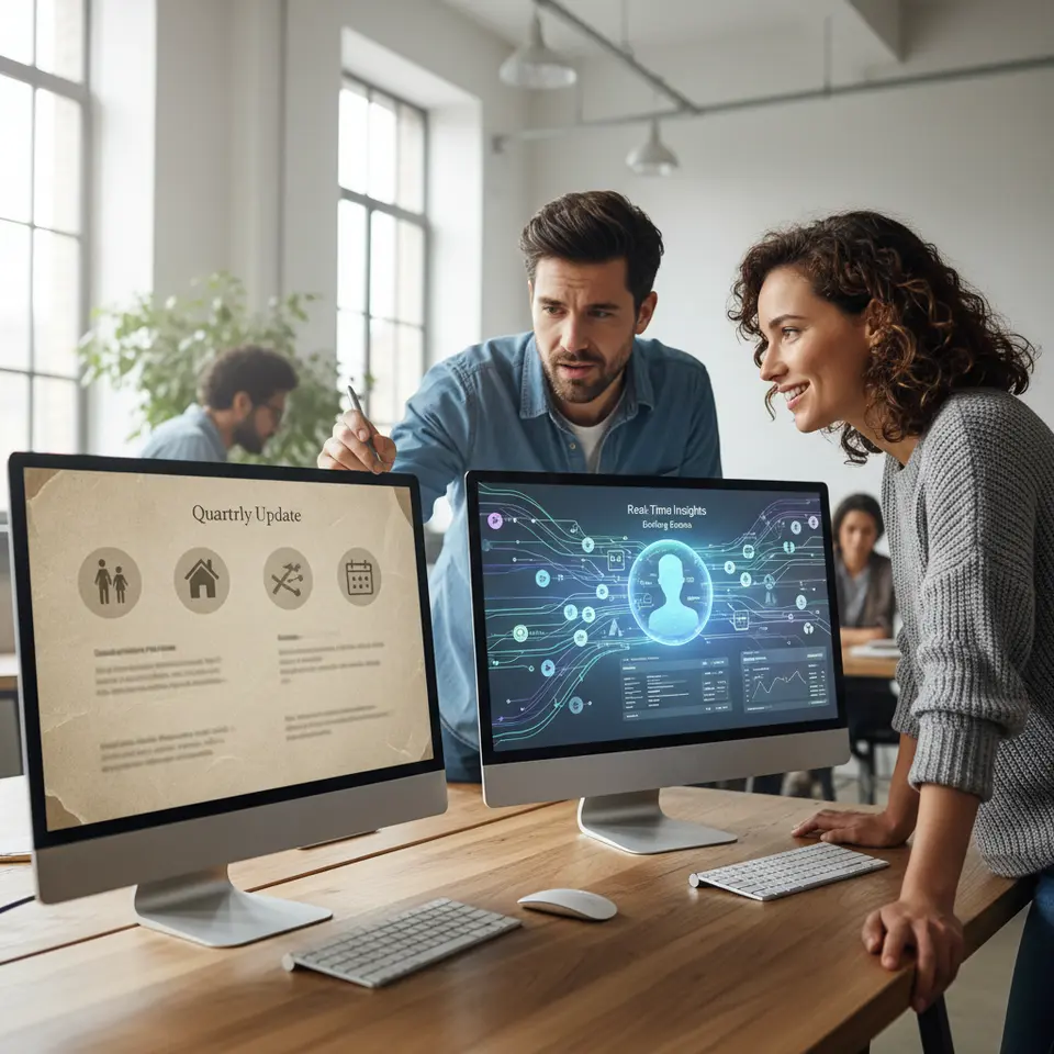 Side-by-side visualization of a traditional static persona versus a dynamic AI-powered persona: on the left, a paper-style buyer avatar labeled “Quarterly Update” with faded demographic icons; on the right, a glowing digital profile card fed by streaming data ribbons—clickstream graphs, social media bubbles, CRM records—showing real-time updates and evolving insights.