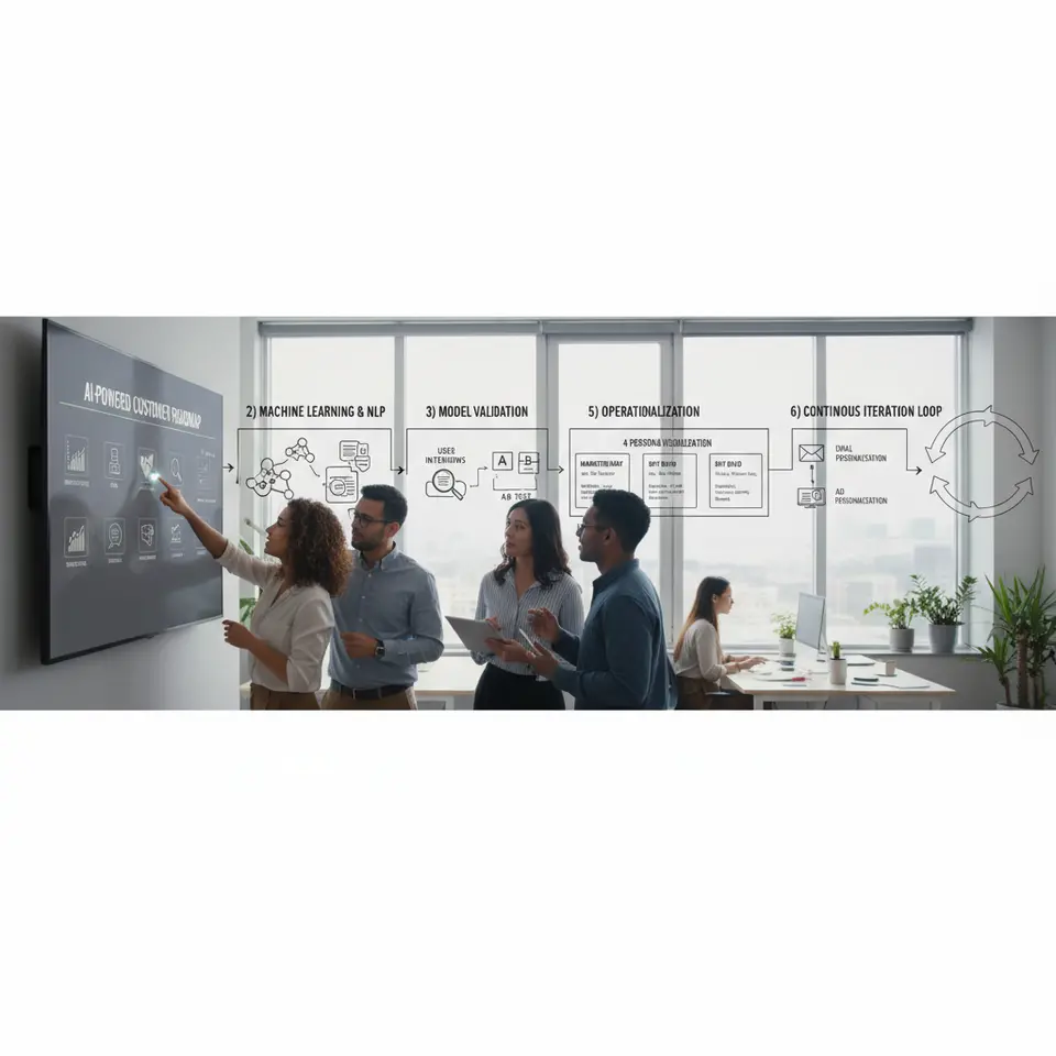 Step-by-step AI-powered customer persona roadmap as a horizontal flowchart: 1) Data centralization with icons for web analytics, CRM, social listening, support tickets; 2) Machine learning & NLP modules depicted by clustering nodes and text analysis magnifying glass; 3) Model validation with user interviews and A/B test symbols; 4) Persona visualization cards highlighting demographics, behaviors, motivators; 5) Operationalization into email, website, and ad personalization; 6) Continuous iteration loop arrows feeding back to data sources.