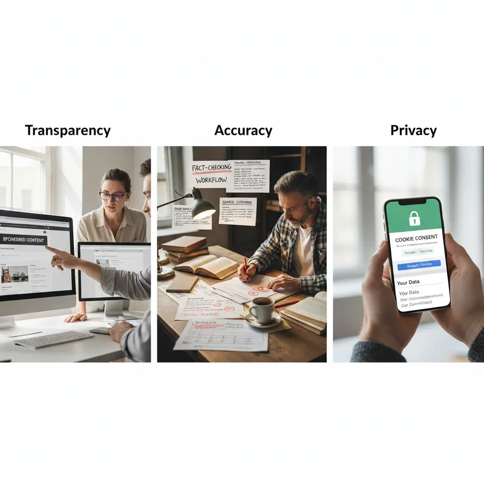 Three foundational pillars of ethical content marketing illustrated side by side: 1) Transparency— a website page clearly labeled 'Sponsored Content', an open editorial policy on a screen; 2) Accuracy— an editor’s desk with fact-checking workflow documents, source citations, red pens marking corrections; 3) Privacy— a cookie-consent banner popup, a secure padlock icon, and a simplified privacy policy on a mobile device.