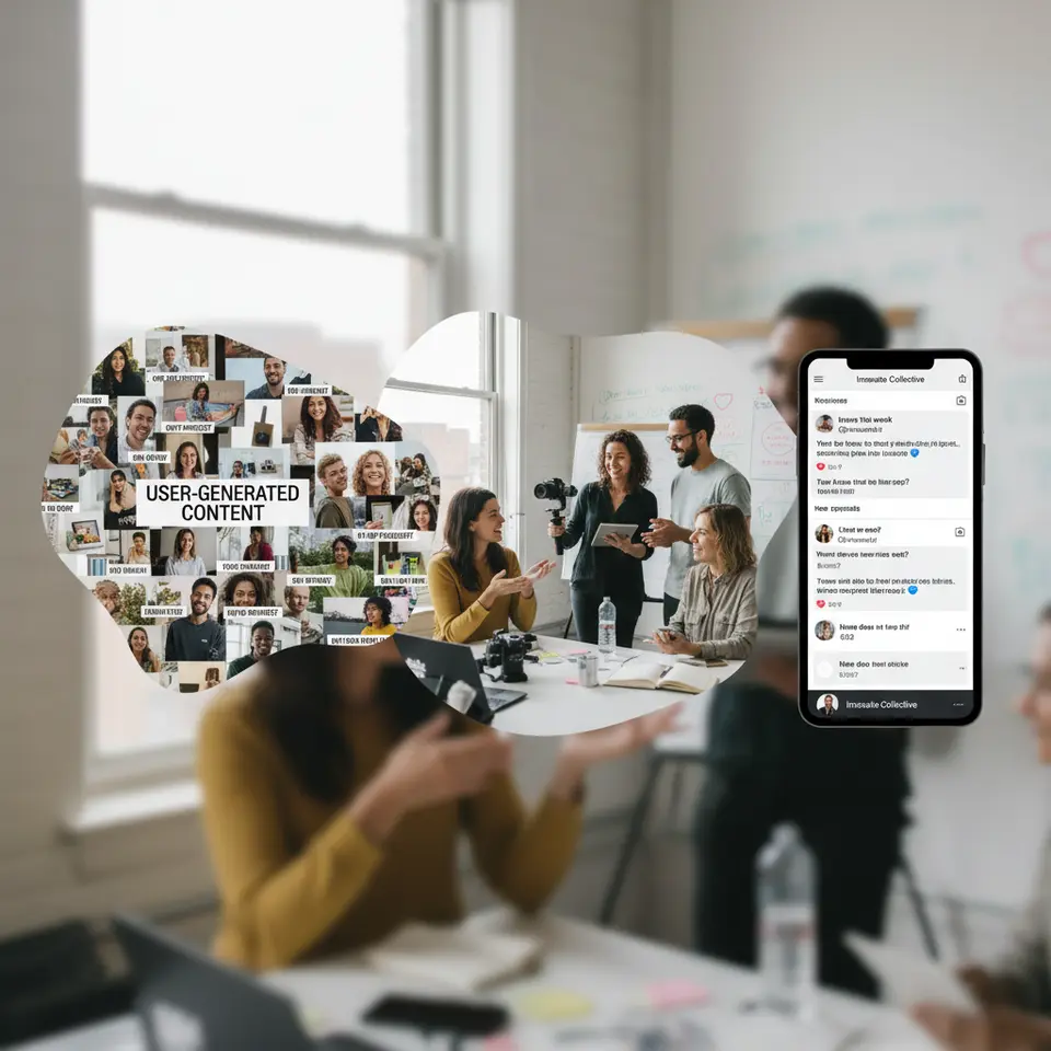 Authentic audience engagement showcase: user-generated content collage with customer photos and testimonials, a behind-the-scenes peek into a creative team filming or brainstorming, and a live social media feed highlighting real-time brand responses to comments and questions.