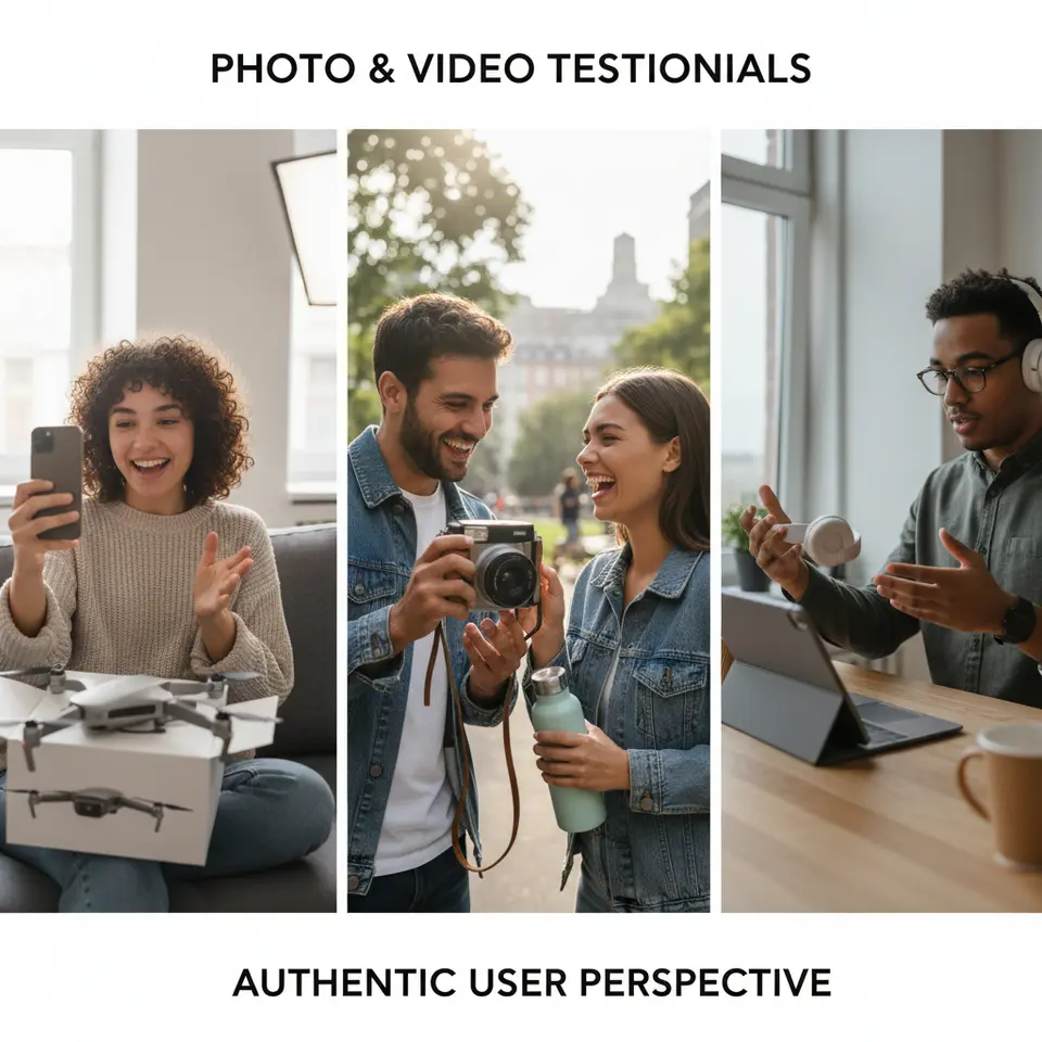 Photo and Video Testimonials: A dynamic collage showing everyday customers using smartphones and cameras to film unboxing videos and snap lifestyle photos of a product in real‐world settings, highlighting authentic user perspective and candid moments.