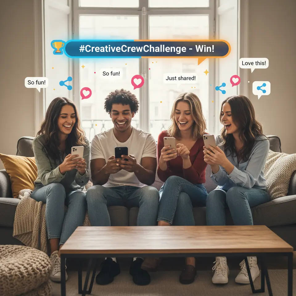 Enhancing Engagement and Community: A vibrant social feed scene where diverse users participate in a branded hashtag challenge—featuring speech bubbles, heart and share icons, contest banners, and smiling participants—illustrating lively interaction and community building around a brand.