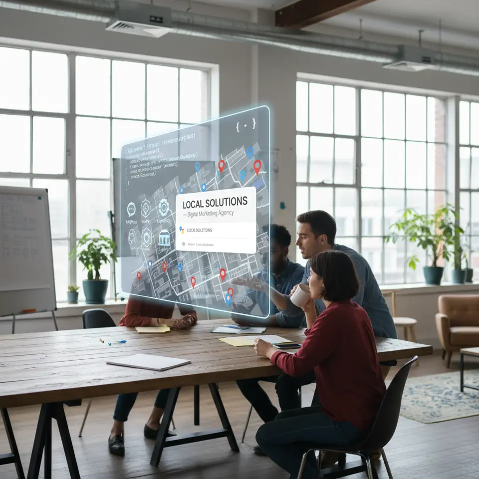 Local SEO and Structured Data Markup: A stylized map dotted with location pins and a highlighted Google Business Profile card, overlaid with icons representing FAQPage, HowTo, and LocalBusiness schema types alongside a floating JSON-LD code snippet.
