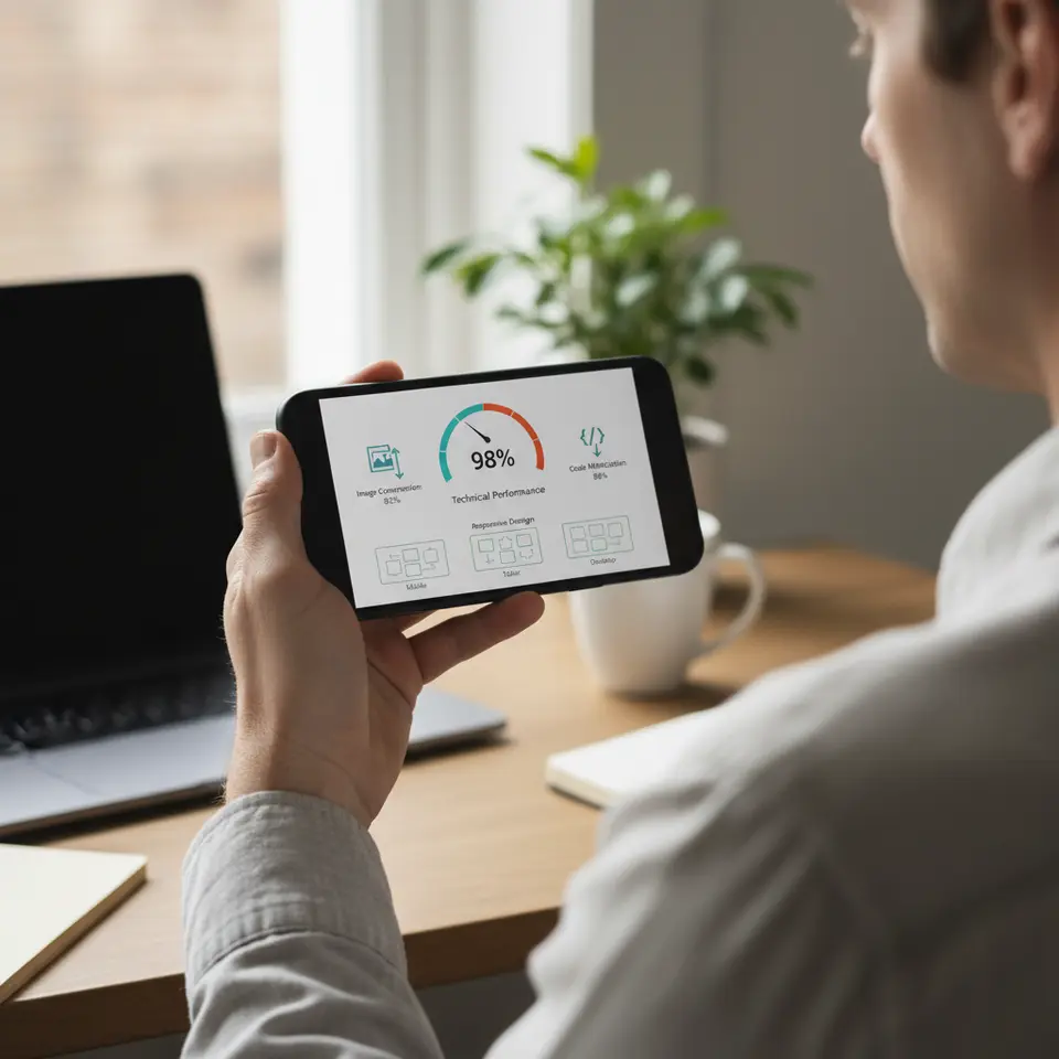 Technical Performance and Mobile Experience: A hand holding a smartphone displaying a performance dashboard with a speedometer gauge, icons for image compression and code minification, and a responsive design grid adapting to different screen sizes.