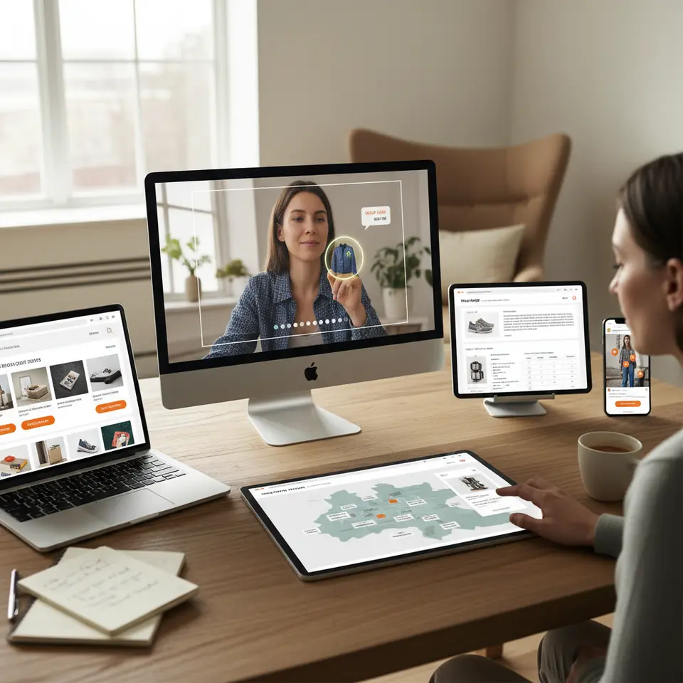 A composite illustration showcasing five distinct shoppable content formats: an interactive video frame with clickable product hotspots, a blog article page with inline product widgets and comparison tables, a social media feed featuring tagged items in Stories/Reels, an email inbox view displaying a shoppable carousel with one-click buy buttons, and an interactive infographic map where users tap sections to reveal product details.