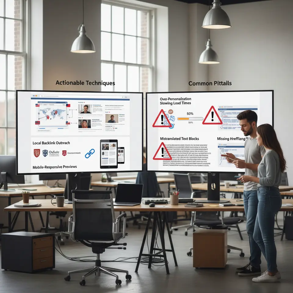 Actionable Techniques and Common Pitfalls: a split-panel illustration. On one side, show dynamic content insertion swapping images/testimonials by visitor location, local backlink outreach with university and government portal logos, and mobile-responsive previews. On the other, overlay warning symbols next to over-personalization slowing load times, mistranslated text blocks, and missing hreflang tags—visually emphasizing best practices versus pitfalls.